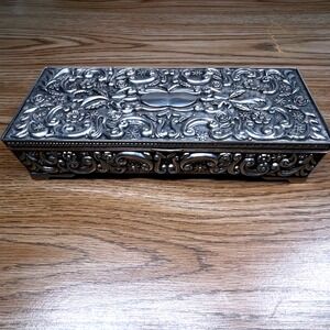 Vintage Women Jewelry Box Silver Tone Metal Ornate Floral Velvet Lined 8 Inch